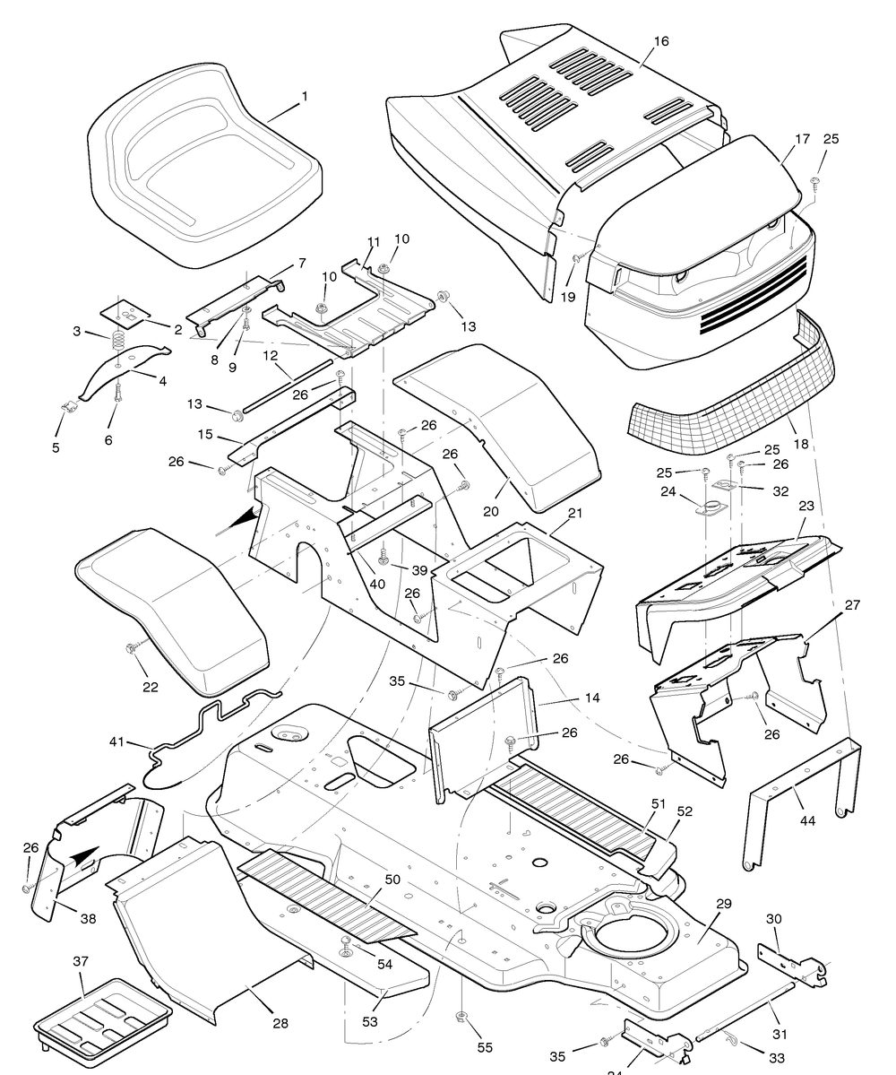 Chassis And Hood Diagram and Parts List for 46906X99A 1996 Briggs and Stratton Lawn Tractor